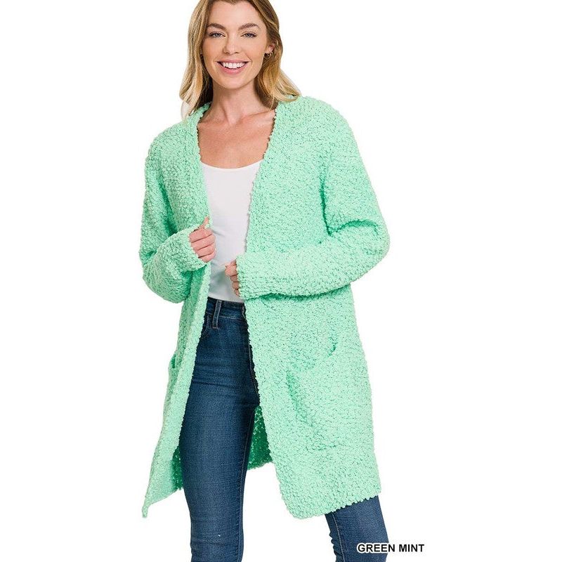 ZENANA POPCORN SWEATER CARDIGAN WITH POCKETS