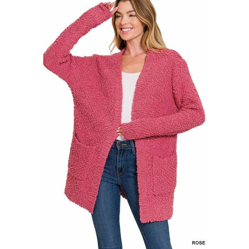 ZENANA POPCORN SWEATER CARDIGAN WITH POCKETS