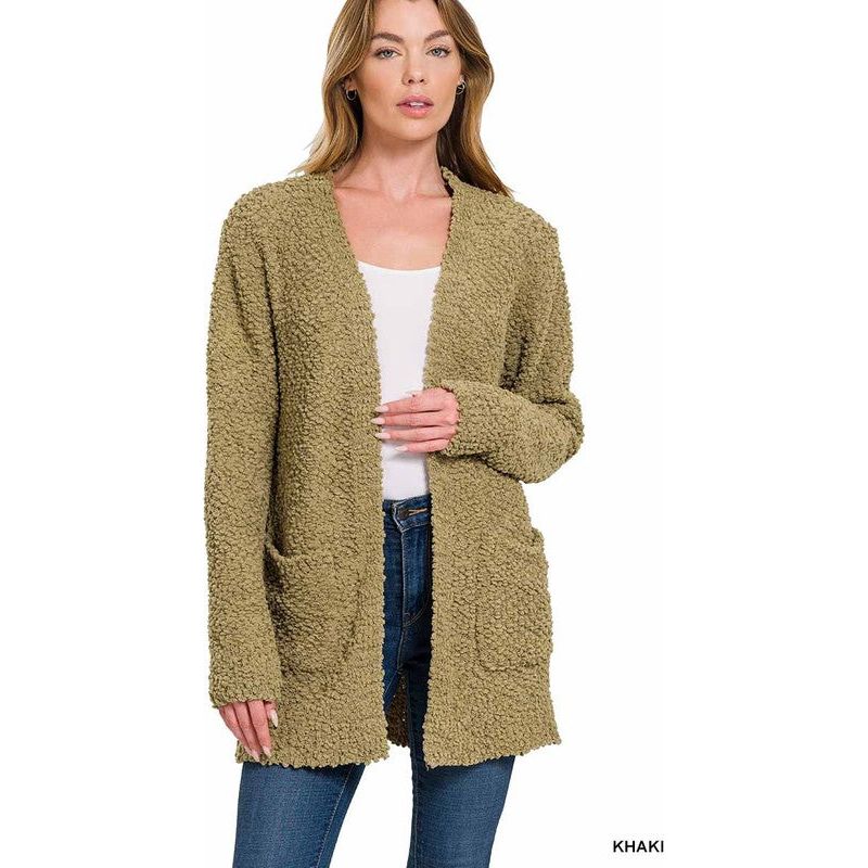 ZENANA POPCORN SWEATER CARDIGAN WITH POCKETS