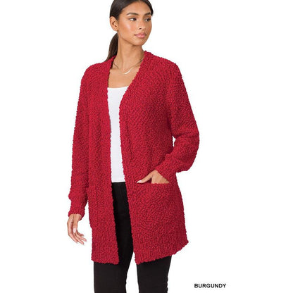 ZENANA POPCORN SWEATER CARDIGAN WITH POCKETS