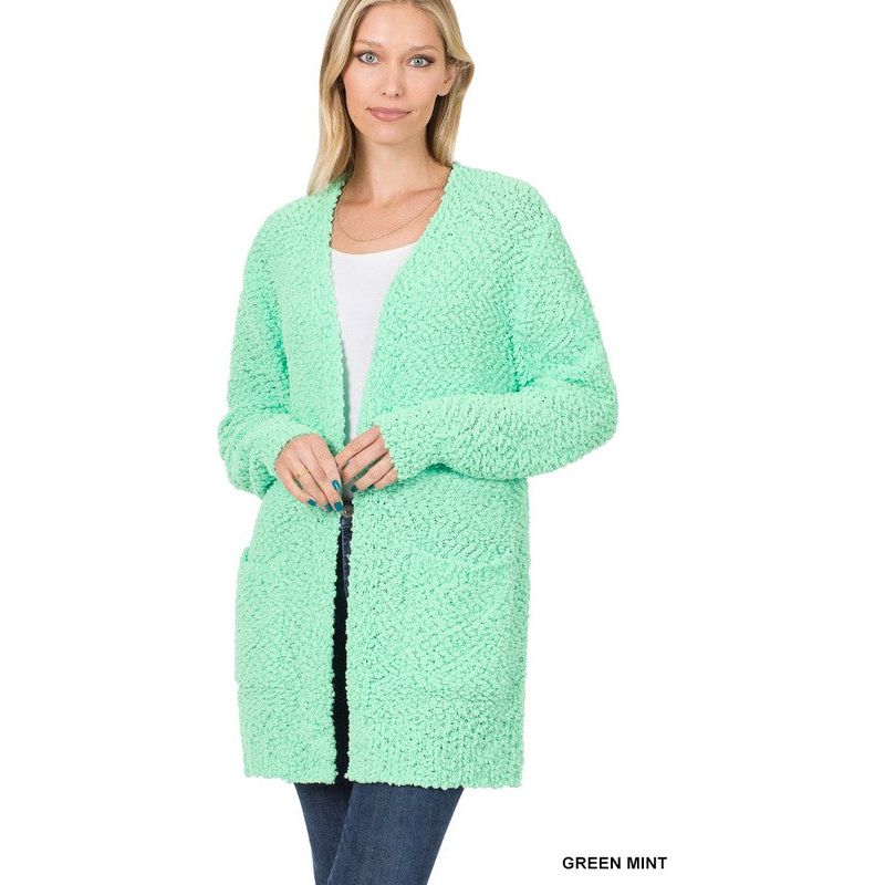 ZENANA POPCORN SWEATER CARDIGAN WITH POCKETS