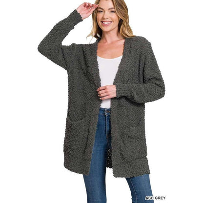 ZENANA POPCORN SWEATER CARDIGAN WITH POCKETS