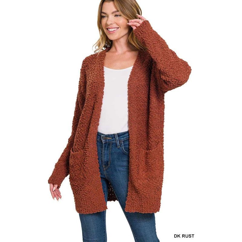 ZENANA POPCORN SWEATER CARDIGAN WITH POCKETS