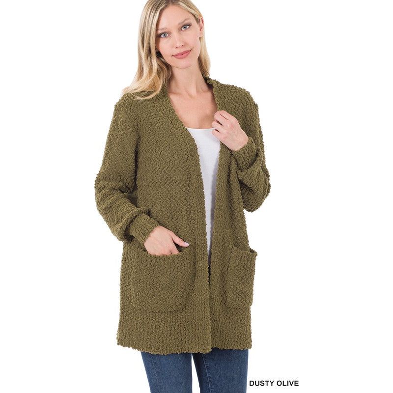 ZENANA POPCORN SWEATER CARDIGAN WITH POCKETS