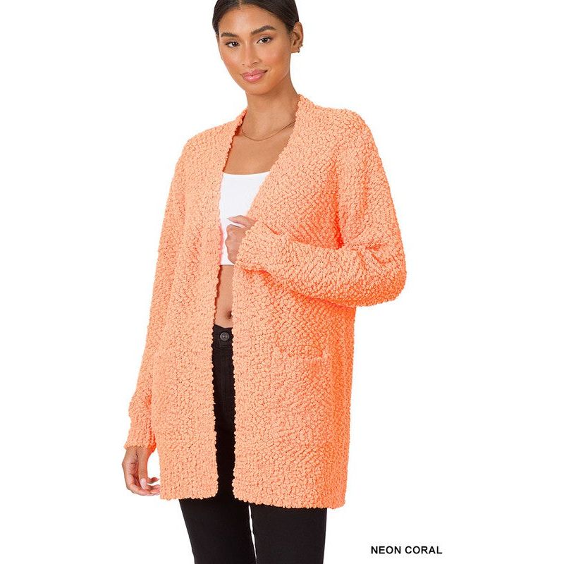 ZENANA POPCORN SWEATER CARDIGAN WITH POCKETS