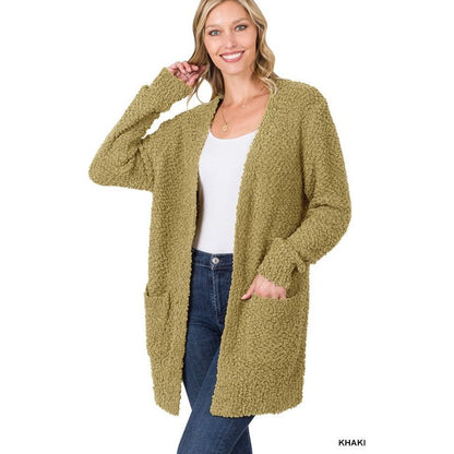 ZENANA POPCORN SWEATER CARDIGAN WITH POCKETS