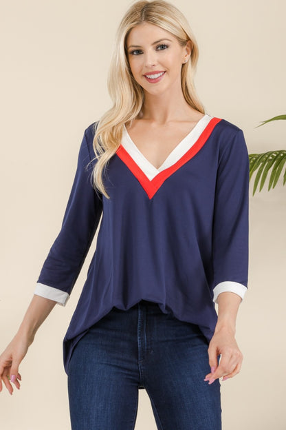 CELESTE Women's Full size 3/4 Sleeves Navy Top with V-Neck Contrast