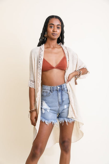 LETO Scallop Lace Trim Kimono