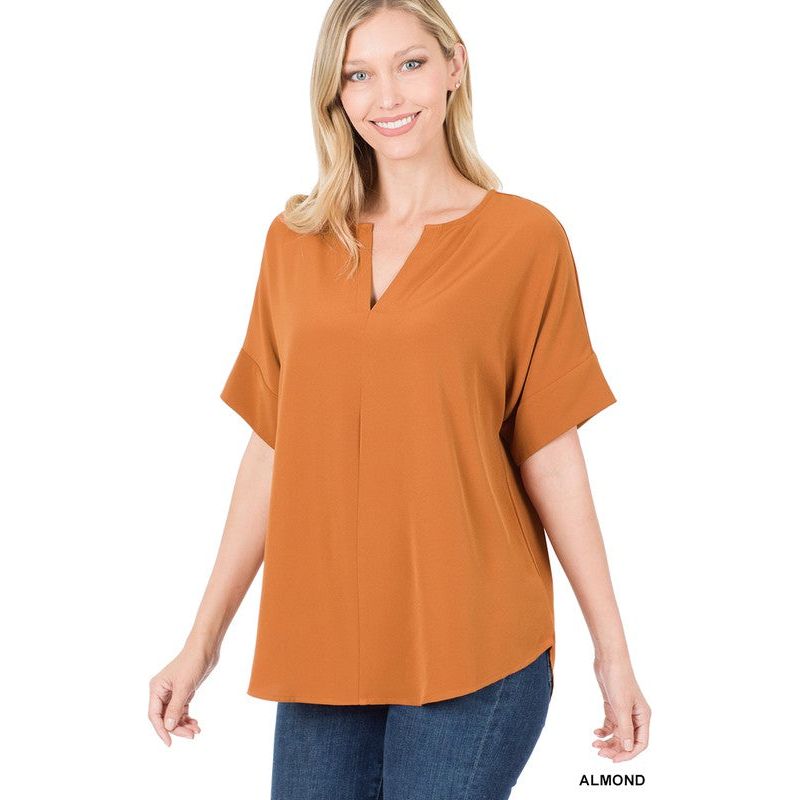 ZENANA Heavy Woven Span V Neck Shot Sleeves Top