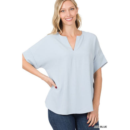 ZENANA Heavy Woven Span V Neck Shot Sleeves Top