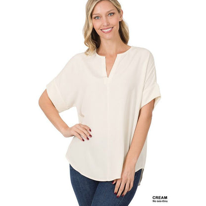 ZENANA Heavy Woven Span V Neck Shot Sleeves Top