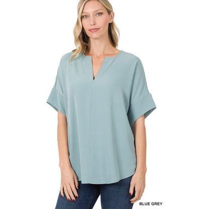 ZENANA Heavy Woven Span V Neck Shot Sleeves Top