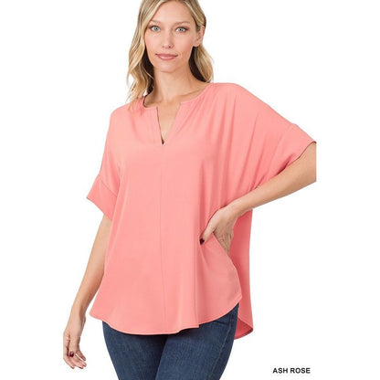 ZENANA Heavy Woven Span V Neck Shot Sleeves Top