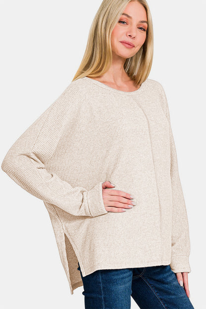 ZENANA High-Low Side Slit Round Neck Sweater in Sand Beige