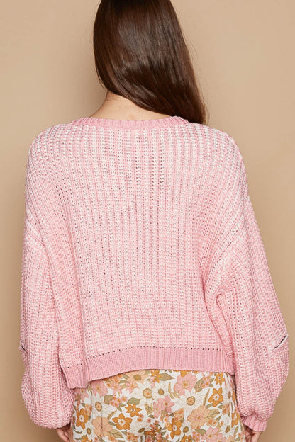 POL Pink Candy Round Neck Heart Patch Zipper Point Sleeve Sweater