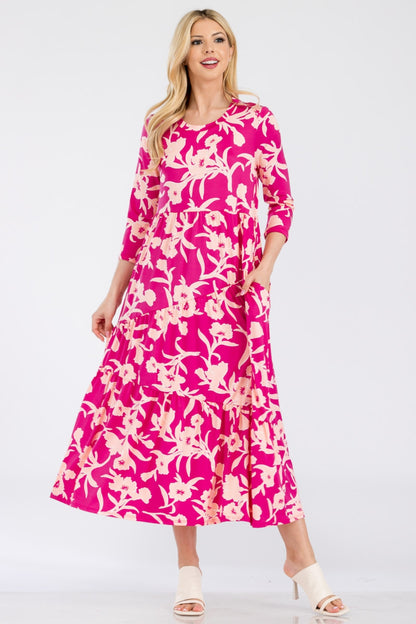 CELESTE Fuchsia Full Size Floral Round Neck Ruffle Hem Dress