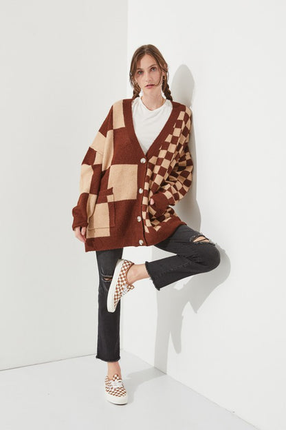 JADE by JANE Mocha/Beige Checkered Oversized Sweater