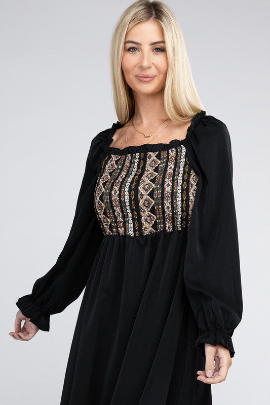 NUVI APPAREL Black Square Neck Smocked Dress