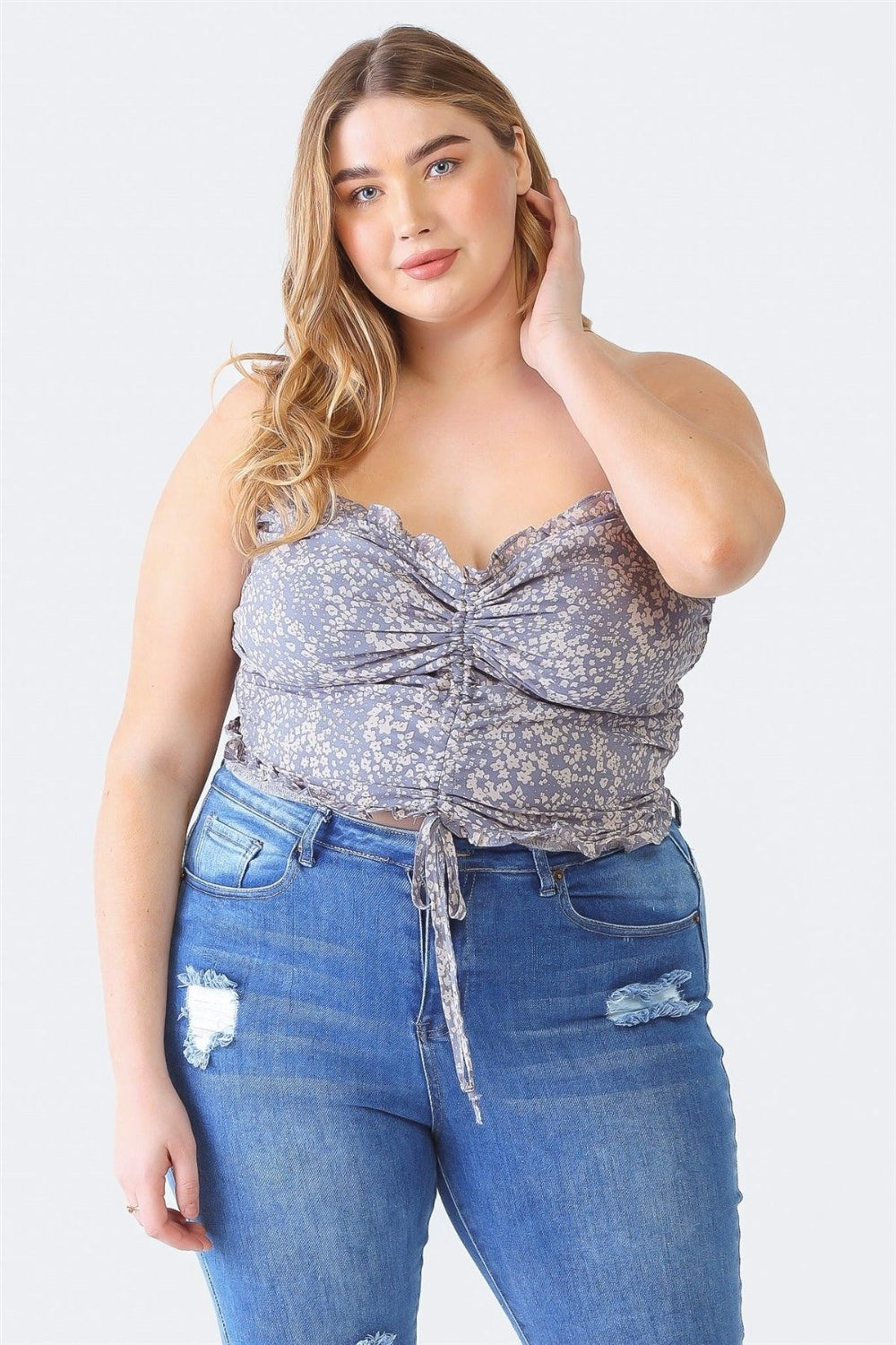 ZENOBIA Plus Size Drawstring Smocked Floral Tube Top