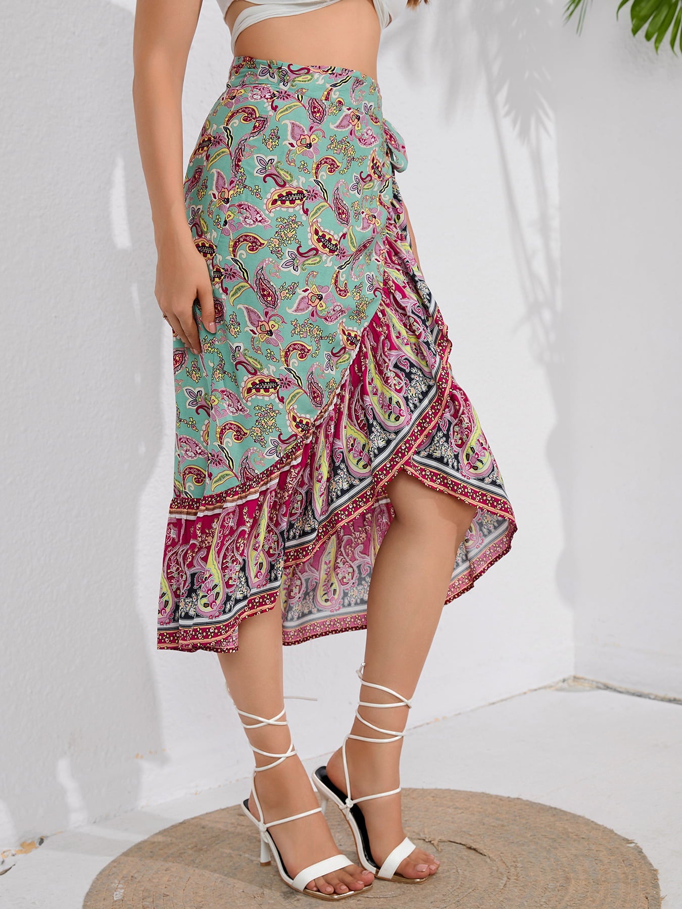 Tie Waistband Flounce Hem Boho Skirt