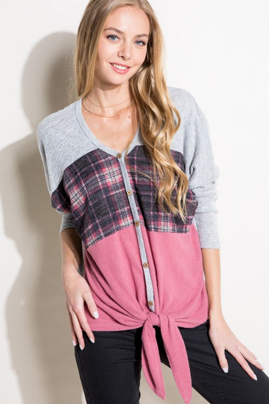 E LUNA Plaid Contrast Mixed Long Sleeves Top