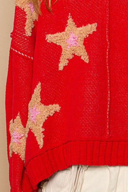 POL Apple Red Long Sleeve Star Patch Sweater