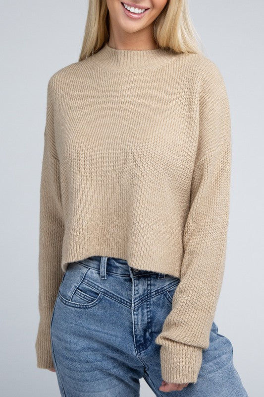 AMBIANCE APPAREL Mock Neck Cropped Pullover Knit Sweater