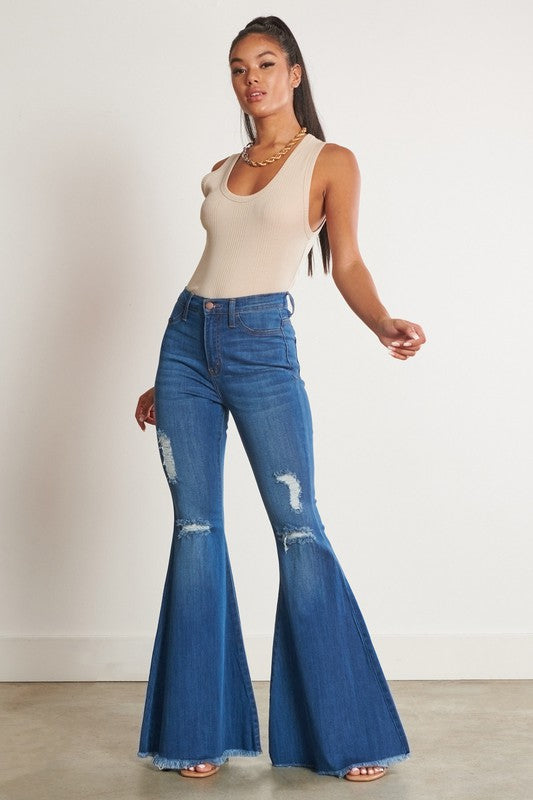 VIBRANT M.I.U. High-Waisted Distressed Flare Denim Jeans