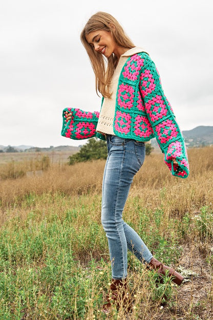 DAVI & DANI Two-Tone Floral Square Crochet Open Knit Cardigan