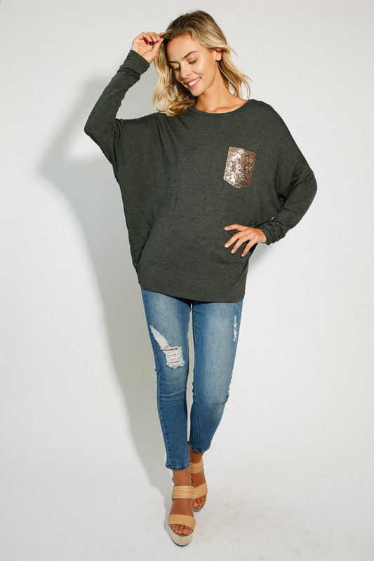 E LUNA Dolman Long Sleeves Top with Sequined Pocket