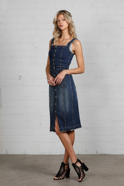 DENIM LAB USA Buttoned-front Denim Suspenders Dress