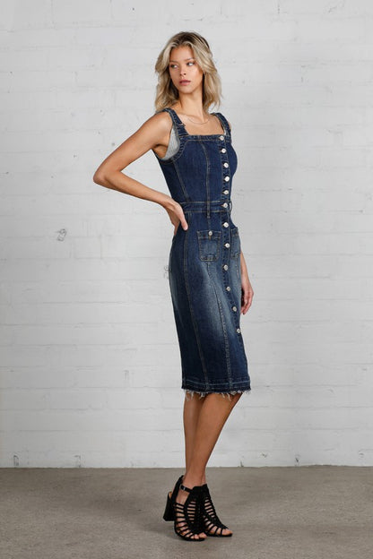 DENIM LAB USA Buttoned-front Denim Suspenders Dress