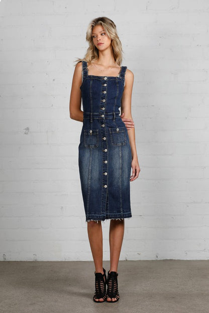 DENIM LAB USA Buttoned-front Denim Suspenders Dress