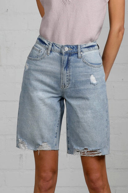 HIGH RISE BOTTOM HEM DISTRESSED BERMUDA SHORTS