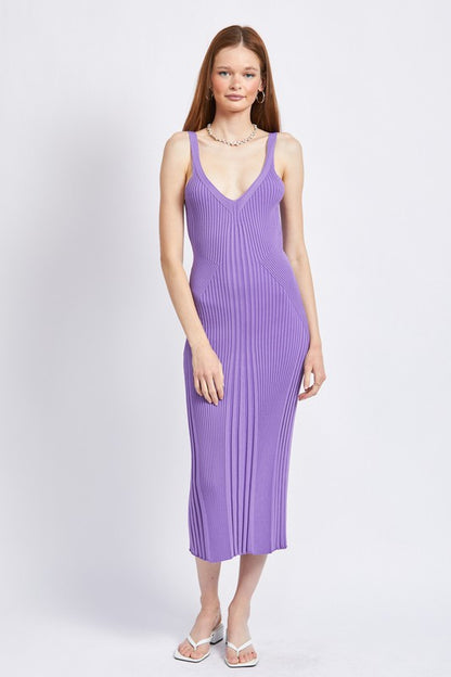 EMORY PARK V Neck Ribbed Midi Dress with Open Back