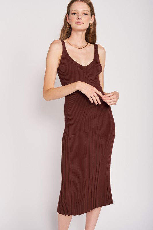 EMORY PARK V Neck Ribbed Midi Dress with Open Back