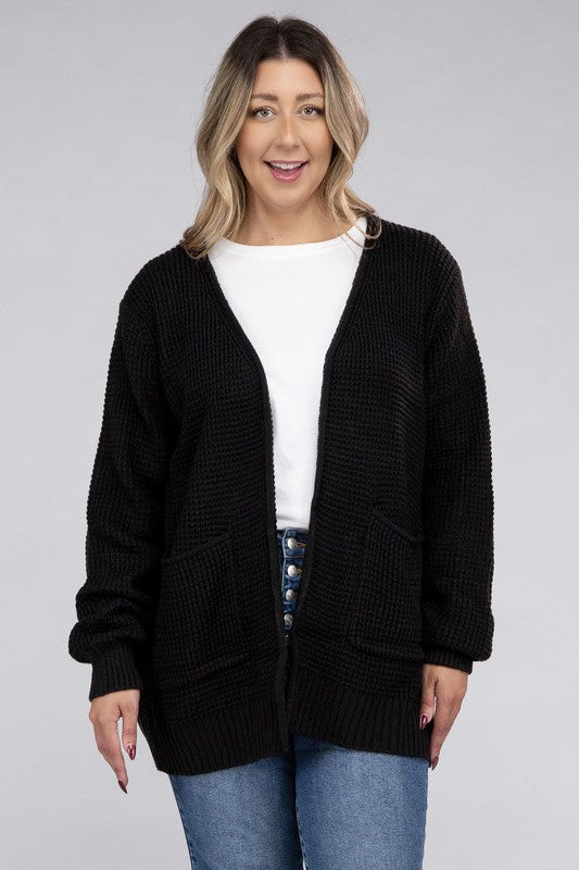 ZENANA Plus Low Gauge Waffle Open Cardigan Sweater