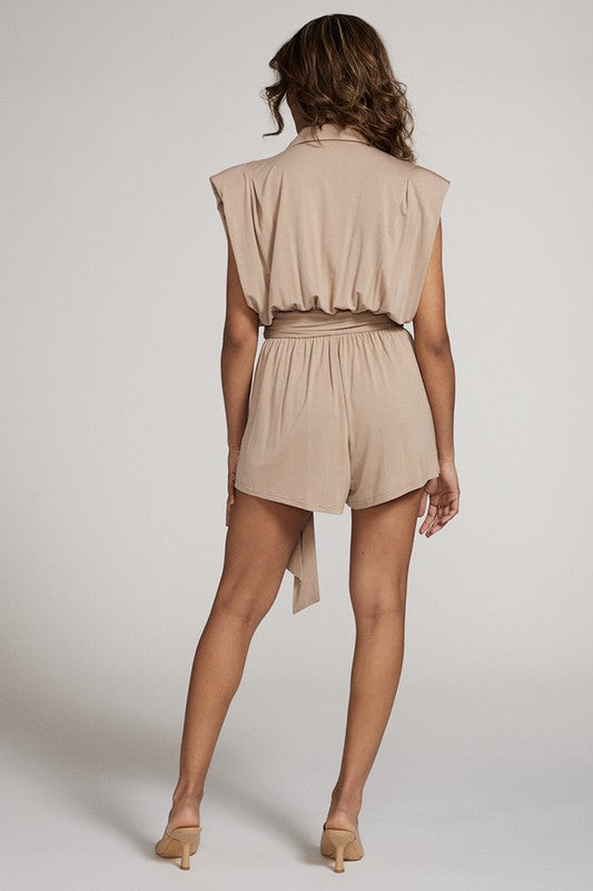 MISS SPARKLING Sand Collar Romper with Shoulder Pads