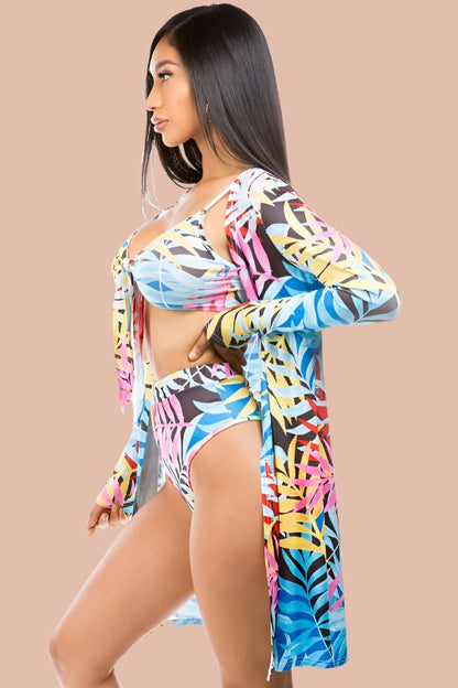 CLAUDE 3 Pieces Swimwear Set with Tropical Print