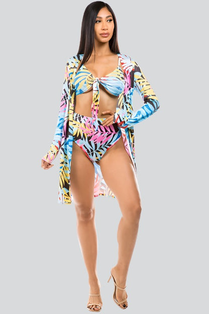 CLAUDE 3 Pieces Swimwear Set with Tropical Print