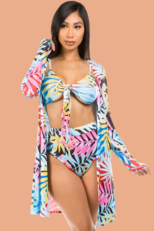 CLAUDE 3 Pieces Swimwear Set with Tropical Print