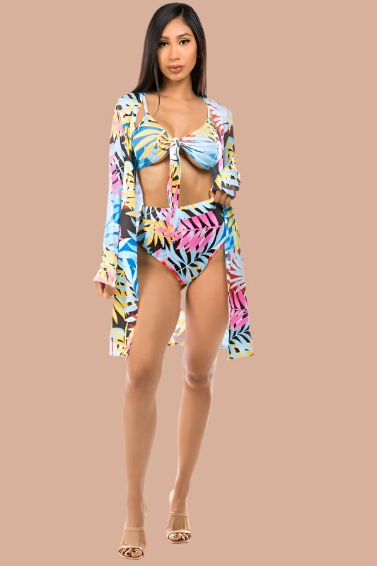 CLAUDE 3 Pieces Swimwear Set with Tropical Print