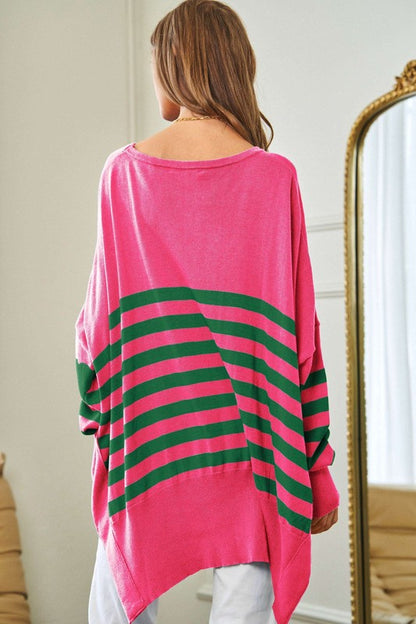 DAVI & DANI Multi Striped Elbow Patch Loose Fit Sweater Top