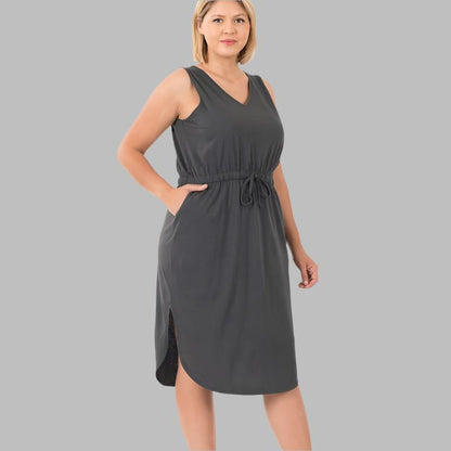 ZENANA Plus Poly Cotton Drawstring waist Curved Hem Dress