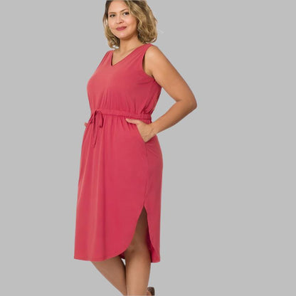 ZENANA Plus Poly Cotton Drawstring waist Curved Hem Dress