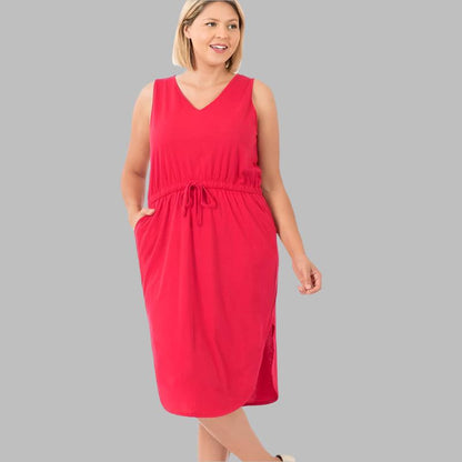 ZENANA Plus Poly Cotton Drawstring waist Curved Hem Dress