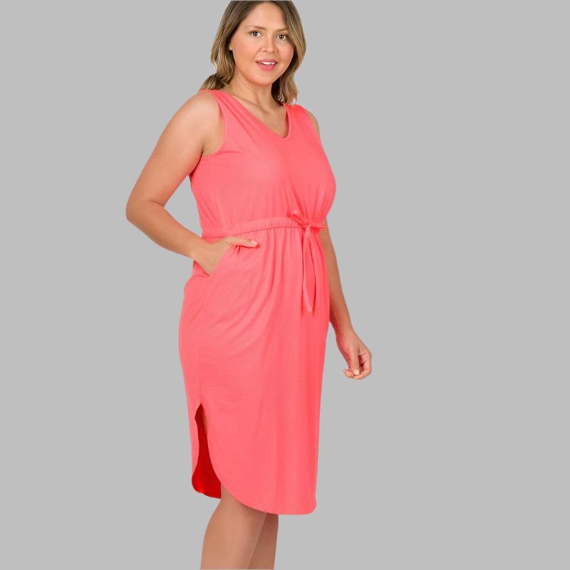 ZENANA Plus Poly Cotton Drawstring waist Curved Hem Dress