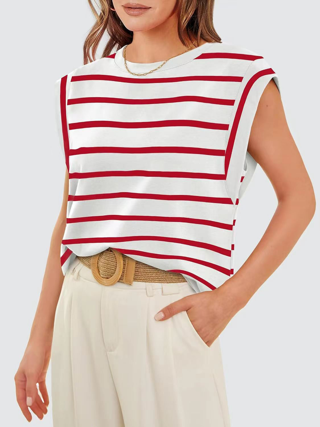 Striped Round Neck Cap Sleeve Sweater Top