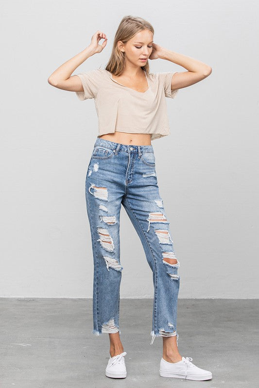 HIGH WAIST HEAVY DISTRESSED GIRLFRIEND JEANS