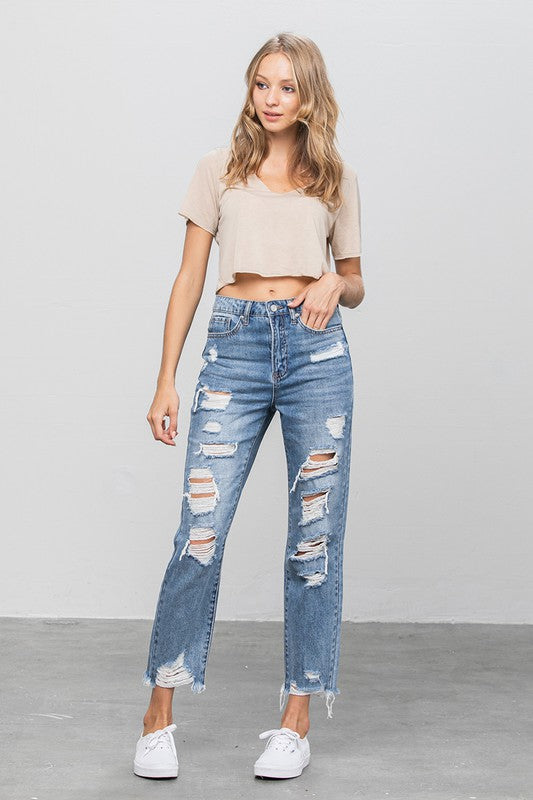 HIGH WAIST HEAVY DISTRESSED GIRLFRIEND JEANS